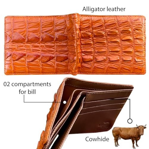 Image of HATA Orange Exotic Bifold Leather Wallet with Hidden Compartment, Men's Minimalist RFID Blocking Wallet with ID Window & Credit Card Holder, Men Handmade Gift for Birthday, Father's Day VINAM-105