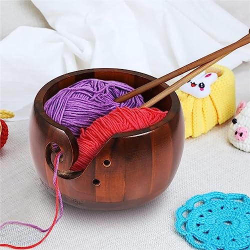 Image of Wooden Yarn Bowl,Yarn Bowl for Knitting Yarn Bowls Crochet Yarn Ball Holder Yarn Storage Bowl for DIY Knitting Crocheting Crochet Kit Organizer,with 12 Pcs Bamboo Crochet Hooks (No-Lid Dark Wood)