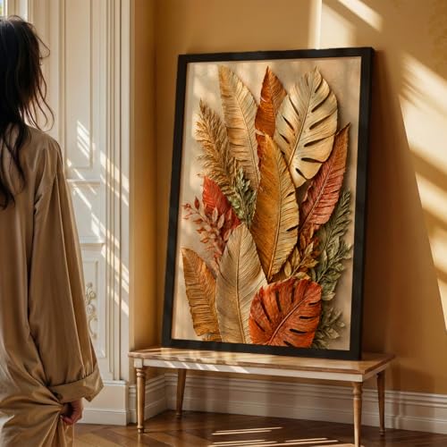 Image of NoWorries 3D Tropical Leaf Wall Painting with Frame Set of 1 | Premium Textured Botanical Leaves Artwork, Luxury Nature Wall Decor for Living Room, Bedroom, Office and Home Decoration (3d Art-16,13x19inch)