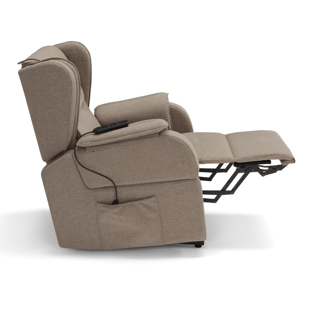 Poltrona relax elettrica Berlino per anziani, 2 motori, 4 ruote, tessuto antimacchia, alzapersona, kit optional batteria, braccioli estrabili e tavolino opzionale (4 Ruote + Tavolino, Tortora)