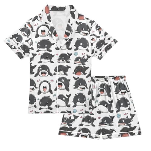 senya Black Small Whale Satin Summer Pajama Sets Silk Short Sleeve Button Down Sleepwear