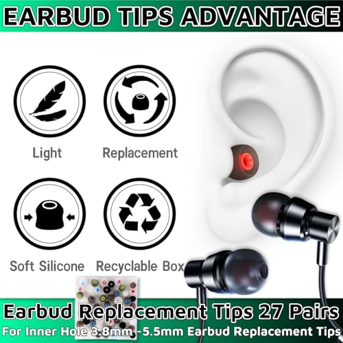 Earbud Replacement Tips 54Pcs,3 Sizes S/M/L, 9 Colors Silicone Tips Headphone Covers Ear Bud Rubber Tips Silicone Earbud for Ears Headphone Ear Covers Replacement (Inner Hole 3.8mm -5.1mm)
