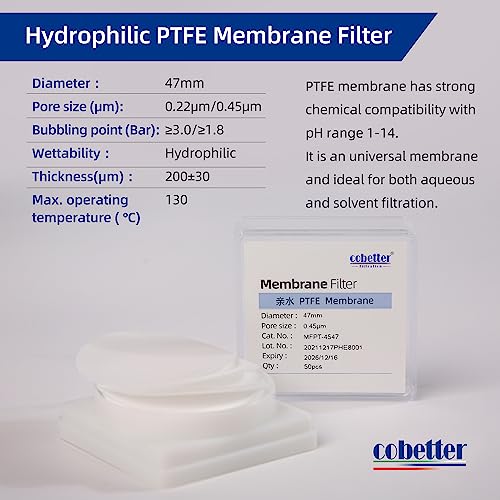 Image of Hydrophilic PTFE Membrane Filters, 47mm, 0.22 m, 100PCS | Hydrophilic PTFE Membrane Disc Filters, Nnon-sterile, pH 1-14, For aqueous & solvent filtration