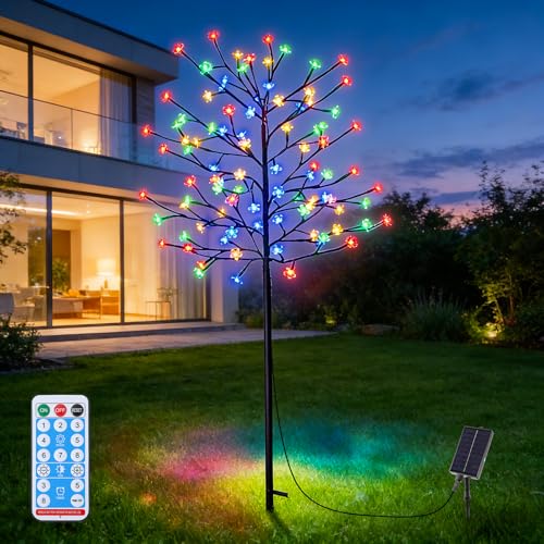 5FT Solar Cherry Blossom Tree: Illuminated Multicolor Artificial Solar Garden LightSpring Summer and Garden Decor for Porches Pathways and Corners for Weddings Christmas Halloween Holiday Parties