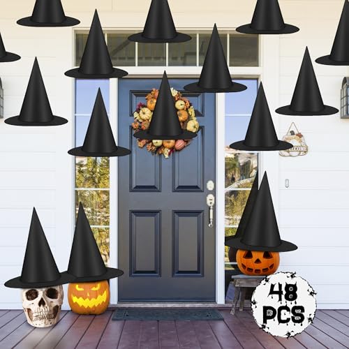 48 PCS Halloween Witches Hat, Black Witch Hat Hanging Halloween Decorations Floating Witches Hats Witch Costume Accessories Wizard Hats with 1312 FT Nylon Cord Indoor Outdoor Home Yard Decorations
