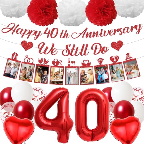 Happy 40th Anniversary Party Decorations - Red Glitter We Still Do Decoration with Banner Balloons Paper Pompoms Photo Garland 40 Years Wedding Anniversary Party Supplies
