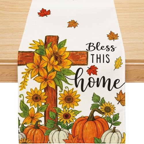 Fall Table Runner, Cross Pumpkins Runner for Table Bless This Home Seasonal Autumn Indoor Outdoot Party Decorations 13x72 Inch