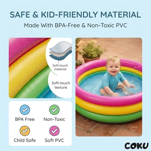 Image of Coku 2 Feet Round Inflatable Baby Swimming Pool for 0-3 Years | 3-Ring Kids Pool, Thick PVC Soft Baby Bathtub for Indoor Outdoor Use, Balcony & Bathroom Water Play (Pump Not Included)