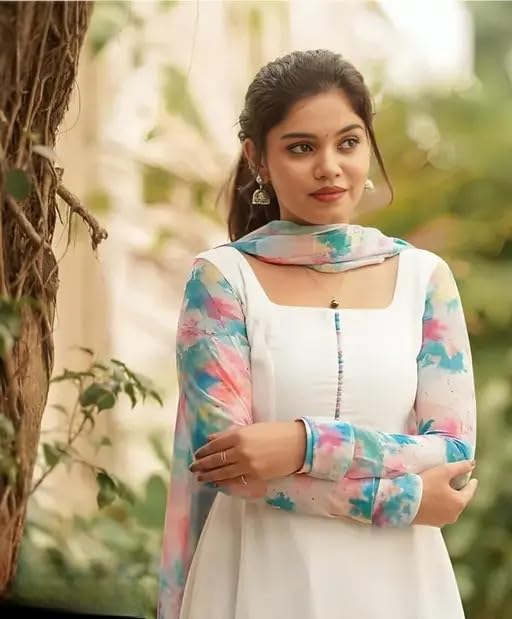 Image of Anveri Textiles Women's Elegant White Anarkali Dress with Floral Printed Dupatta | Long Flared Ethnic Gown | Party Kurti Set