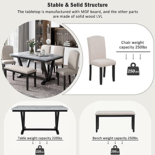 6-Pieces-Dining-Table-Set-with-Bench-Rectangle-Dining-Table-with-4-Upholstered-Chairs-a-Bench-Wood-Kitchen-Table-Chairs-Set-for-6-Persons-Modern-Style-Dining-Room-Set-White-Black 6 Pieces Dining Table Set with Bench Rectangle Dining Table with 4 Upholstered Chairs a Bench Wood Kitchen Table Chairs Set for 6 Persons Modern Style Dining Room Set White Black