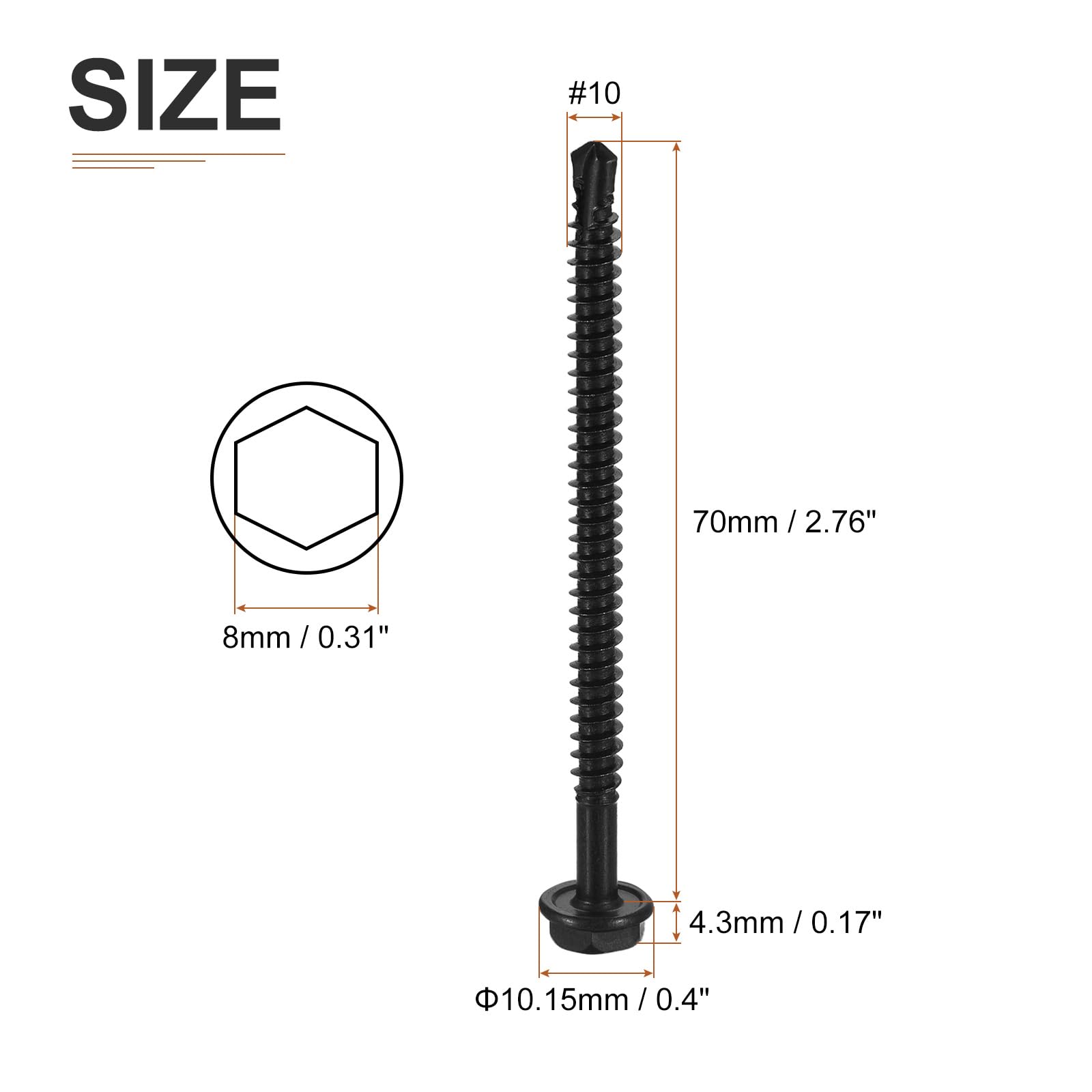 DTGN #10x2-3/4" Hex Washer Head Self Drilling Screws, 50Pack, Good for Machine, 410 Stainless Steel Black Oxide - Image 2