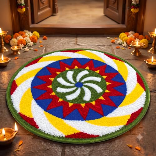 Image of VAS COLLECTIONS Decorative Round Rangoli Mat, Traditional Floral Rangoli Floor Decoration for Pooja Room, Festive Home Decor, Decorative Mat for Entrance, Living Room & Temple, 23 Inches - Starburst
