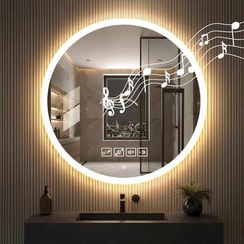 Bellanny Miroir Salle de Bain avec éclairage LED, 60cm Rond Grand Miroirs Cosmétiques Muraux, Bluetooth, Capteur Tactile, Dimmable, 3000K-4500K-6500K Couleurs,...