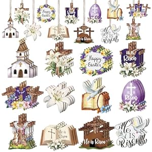 Wenqik 36 Pcs Easter Hanging Ornaments He is Risen Easter Wooden Hanging Ornaments Religious Cross Egg Wooden Decorations for Tree Decorations and Home Decor