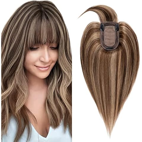 SEGO Hair Toppers for Women Real Human Hair with Thinning Hair, Toppers Hair Pieces Clip in Toppers Straight Hair Pieces with Bangs 150% Density Silk Base -10 Inch #4/27 Medium Brown Mix Dark Blonde Cover