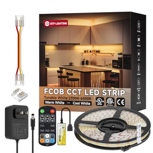 Image of BTF-LIGHTING COB FCOB Dimmable CCT LED Strip Kit DC24V,UL Listed,16.4FT,8mm Wide,No Voltage Drop,Tunable 2700K-6500K with RF Remote,CRI 90+ High Density COB Tape for Bedroom Kitchen Under Cabinet