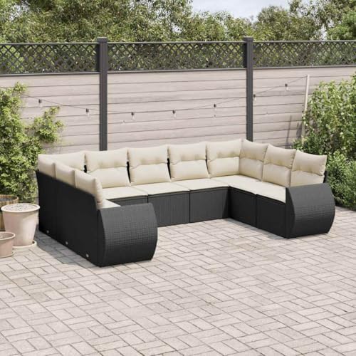 QJBSAVVA 9-teiliges Gartenmöbel Set aus schwarzem PE-Rattan modularer...