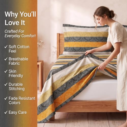 Image of BSB HOME 240 TC Cotton Double Bedsheet with 2 Pillow Covers, Soft & Breathable Bed Sheet for Double Bed, Fade & Wrinkle Resistant, Floral Print, 90 x 100 Inches (228 x 254 cm) - Damask Stripe