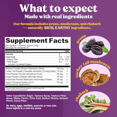 Image of Fungiments Super Prune - Mushroom Supplement - Turkey Tail Mushrooms, Fiber, Rhubarb, Prunes, Ginger, Chamomile - Debloating, Constipation Relief (30 Mushroom Gummies)