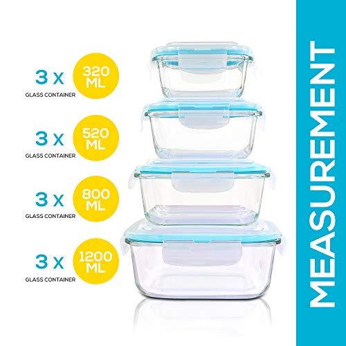 KICHLY Set di contenitori per alimenti in vetro - 12 pezzi (6 contenitori + 6 coperchi) Coperchi trasparenti - Senza BPA - per cucina domestica o ristorante - immagine 4