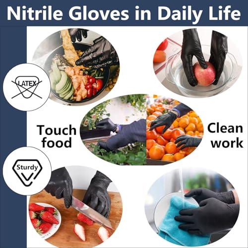 Edith qi Black Nitrile Disposable Gloves Pack of 100, Food Safe, Textured Fingertips, Powder Free Latex Free, Medical Exam Gloves, Extra Large