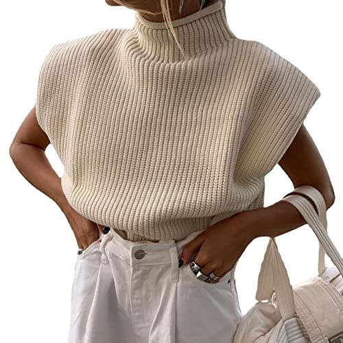 Shoulder Pad Sweater Ribbed Knit Sweater Top Women's Basic Sleeveless Turtleneck Sweater Vest Ribbed Knit Solid Color Fashion Shoulder Pad Knitted Top Tank Pullovers 0460 (Apricot,L) #TOP18