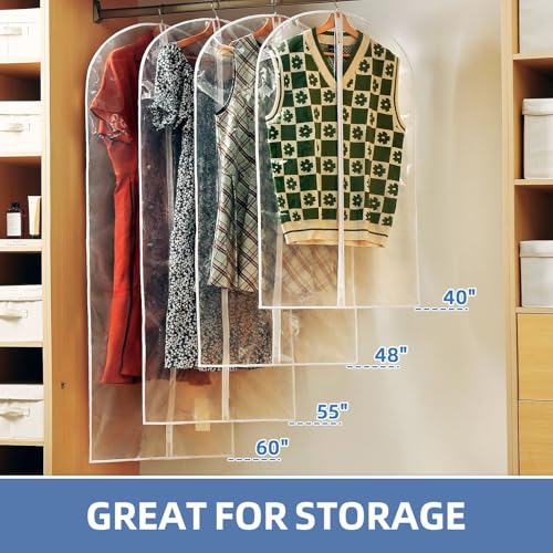 Perber 55" All Clear Garment Bags for Hanging Clothes, 5 Packs Dress Bags for Gowns, Plastic Waterproof Garment Covers with Zipper for Long Coats, Dresses, Trench (Set of 5)