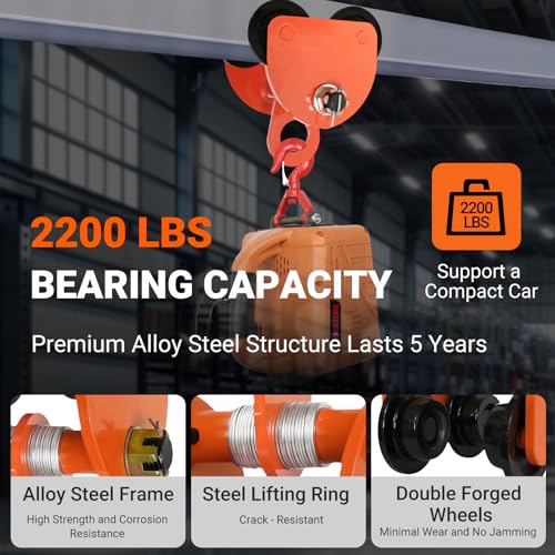KOERZORE 1 Ton Beam Trolley | 2200 LBS Capacity Garage Hoist | Adjustable for 3.2\"-5.8\" I-Beam Flange | Lightweight Steel Trolley Crane (14.7lbs) | with Four Sturdy Wheels for Straight/Curved Beams