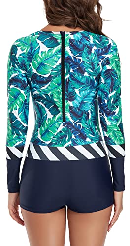 Swimall Women Boy Short Long Sleeve Swimsuits One Piece Rash Guard Bathing Suit Swimwear Upf 50+(Green Leaves, Large(8-10)) #TOP1