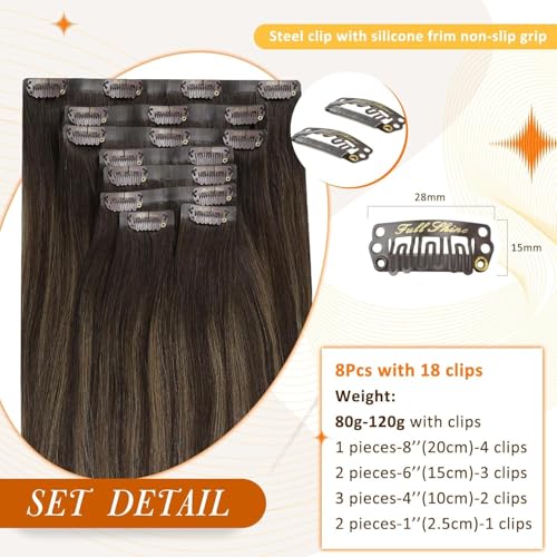 Image of Full Shine Seamless Clip in Hair Extensions 22 Inch Dark Brown Balayage to Light Brown with Caramel Blonde Real Human Hair Straight Hair for Long 8 Pcs 120g