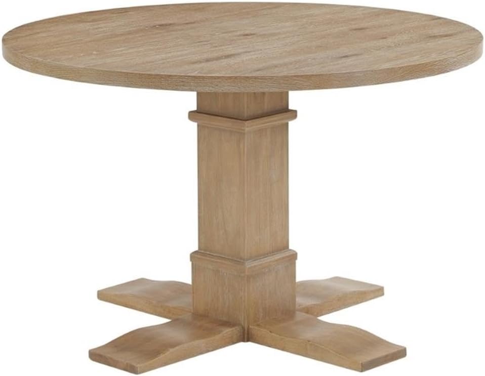 BOWERY HILL Modern Farmhouse Round Dining Table, 30.25" H X 47.25" W, Rustic Brown Finish with Wire-Brushing, Pedestal Base, Knotty Oak Details, Room Table for Up to 4 Seats