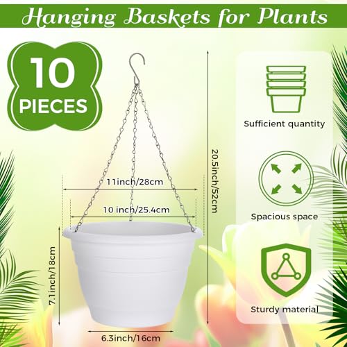 Romooa 10 Pack 11 Inch Plastic Hanging Planter Bulk White Hanging Baskets for Plants with Drainage Trays Self Watering Plant Pot Outdoor Indoor Planter for Garden, Balcony, Porch, Patio Decor by Romooa - Used condition - Image 2