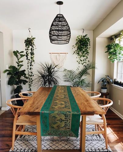 Image of Decorative Handmade Silk Table Runner Golen Brocade Dinning Table & Centre Table Top Decor Rectangular Runners Bed Runners Table Cloth for Wedding (152 X 40 CM ) (Green)