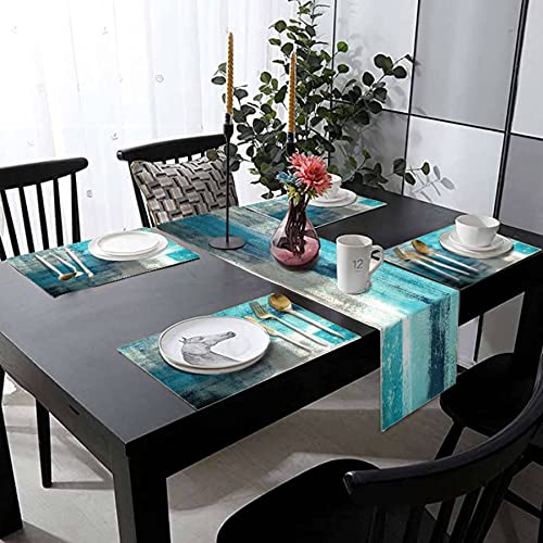 Tqfzp Turquoise And Grey Abstract Modern Table Runner With Place Mats Set Of 7 108 Inches Long Teal Blue Retro Graffiti Art Painting Linen Dining Mat Sets Washable Vintage Tabletop For Home Decor #TOP5