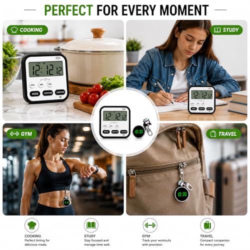 Image of 2 Timer Combo - Digital Kitchen Timer with Portable Keychain Clock, Large LCD Display, Countdown & Stopwatch Timer for Cooking, Study, Gym & Travel