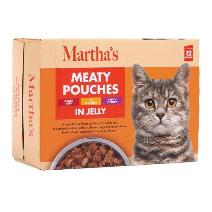 Martha's Cat Meaty Pouches In Jelly - Beef, Chicken, Turkey - Low In Fat - No Artificial Preservatives (12 x 100g Pouches)