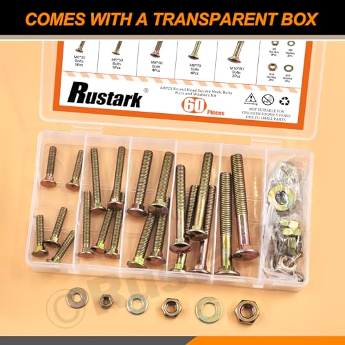 Image of 60Pcs 5 Sizes 304 Stainless Steel Carriage Bolts with Nuts and Washers Kit Zinc Plated Square Neck Carriage Bolts Screws Metric Round Head Carriage Bolt for Machinery Industry