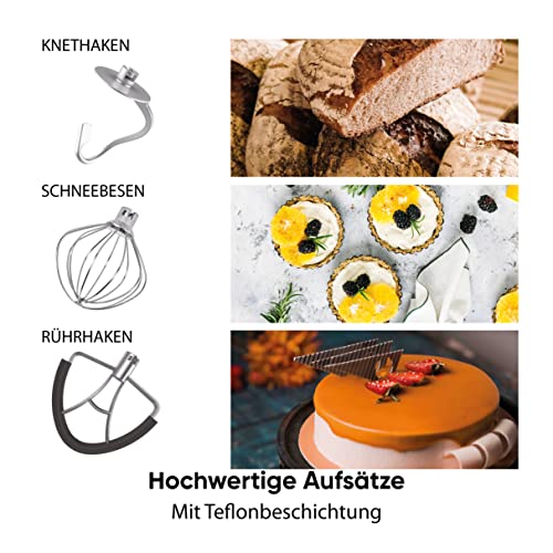 HEINRICHS Küchenmaschine Knetmaschine Teigmaschine Rührmaschine 1500W Küchengerät Rührbesen Knethaken Schneebesen 6 einstellbare Geschwindigkeiten XXL 8L Edelstahlschüssel geräuscharm (Gold) – Bild 6
