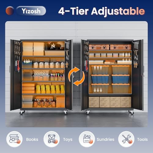 Image of Yizosh Metal Garage Storage Cabinet with Locking Doors and Adjustable Shelves,- 71 inch Rolling Steel Tool Cabinet for Home Office,Garage,Warehouse