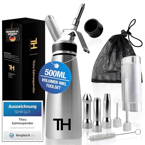 Thiru Sahnespender Edelstahl inkl.Toolbox 500ml - Ideal für Gastronomie - Note sehr gut - 100 Tage testen - mit eBook & 5 Edelstahl Tüllen - Sahnesyphon für Schlagsahne Espuma & warme Speisen