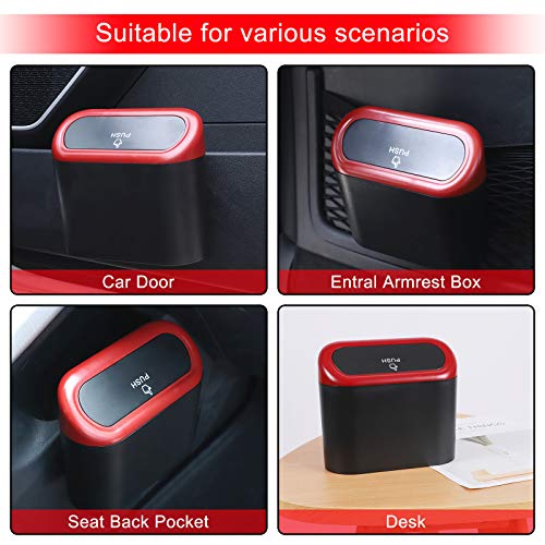Image of Accmor Car Trash Can with Lid, 2 Packs Mini Vehicle Trash Bin Car Dustbin Garbage Organizer Holder with 2 Roll Trash Bag, Portable Hanging Leakproof Cars Storage Bag Container for Auto, SUV (Red)