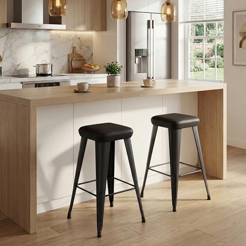 Image of Yongchuang Black Bar Stools Set of 2, 24 inch Upholstered Counter Stools with Metal Legs PU Leather Modern Backless Kitchen Barstools