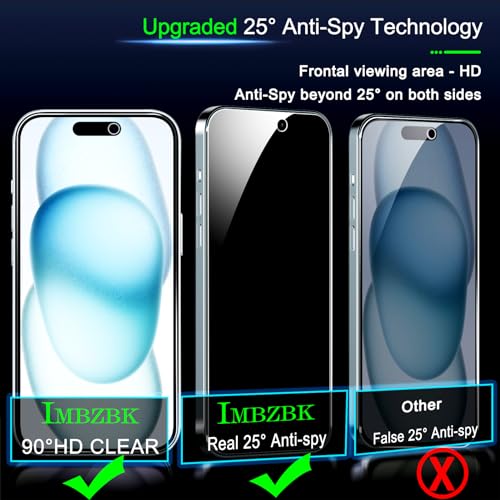 Image of IMBZBK 3 Pack Privacy Screen Protector for iPhone 15 Tempered Glass with 3 Camera Lens Protector, Accessories 9H Anti Spy, 2.5D Curved, Case Friendly, Transparent