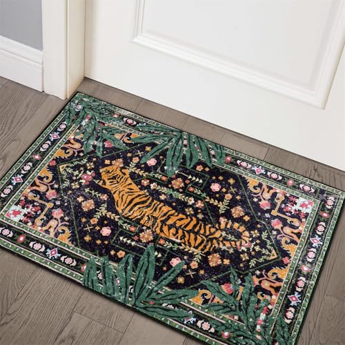 Aldopein Oriental Tropical Entryway Rugs Washable, Thin Black Boho Vintage