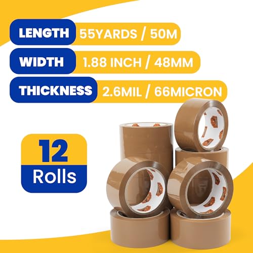 Image of TAPEBEAR Brown Packing Tape Packaging Tape Refills 2.6mil x 1.88 inch x 55Yard | Moving Tape for Boxes, Secure Sticky Brown Tape Heavy Duty for Shipping, Mailing & Storage, 12Rolls