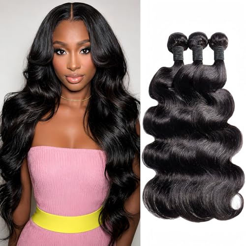 Human Hair Bundles 18 20 22 Inches 12A Body Wave Human Hair Bundles No Shedding virgin hair bundles 100% Unprocessed Brazilian Human Hair Body Wave Bundles Quick Hair Extensions Natural Black