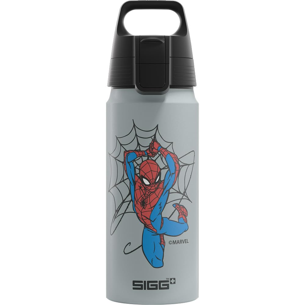 Sigg - Aluminium Water Bottle For Kids - WMB ONE Spiderman 1962 - Suitable For Carbonated Drinks - Leakproof - Lightweight - BPA Free - School & Sports - Grey - 0.6L