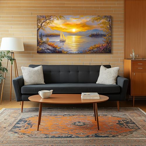 crmotu Sunset Wall Art, Lake Art Wall Decor, Mountain Wall Art, Sailboat Landscape Large Artwork, Cozy Country Paintings Wall Decor Living Room Bedroom Farmhouse Office Art Prints 24x48inch