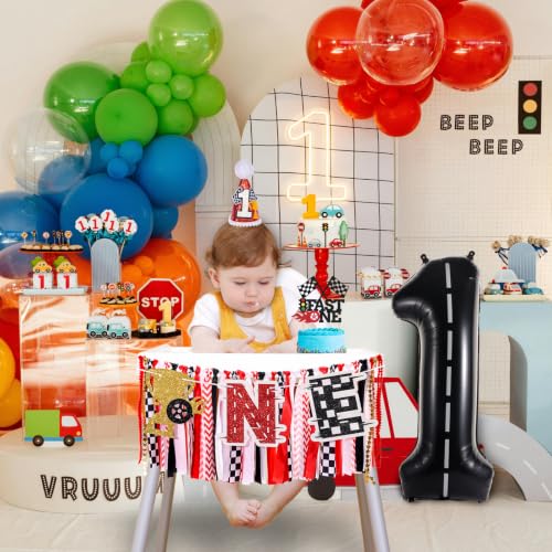 Image of Race Car Fast One Highchair Banner for First Birthday Party Decorations | Pre-strung Race Car Fabric Banner for Boys Black Red High Chair Banner for One Birthday Backdrop Decorations