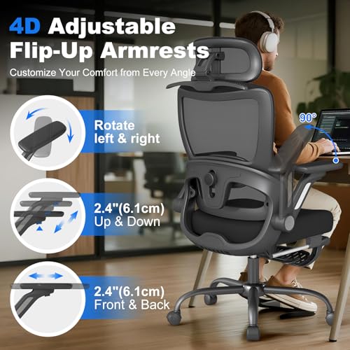 Image of Ergonomic Office Chair with Footrest, High Back Home Desk Chair with Adjustable Lumbar Support, Flip-Up Arms, Headrest, 90-135 Tilt Lock, Wide Big and Tall Mesh Computer Seating with Wheels